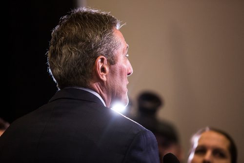 MIKAELA MACKENZIE/WINNIPEG FREE PRESS
Premier Brian Pallister speaks with the media at a Chamber of Commerce event at the RBC Convention Centre in Winnipeg on Thursday, April 18, 2019. 
Winnipeg Free Press 2019