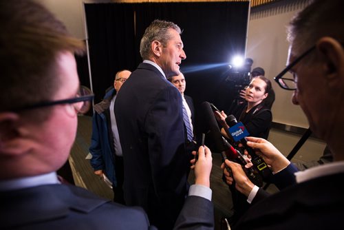 MIKAELA MACKENZIE/WINNIPEG FREE PRESS
Premier Brian Pallister speaks with the media at a Chamber of Commerce event at the RBC Convention Centre in Winnipeg on Thursday, April 18, 2019. 
Winnipeg Free Press 2019