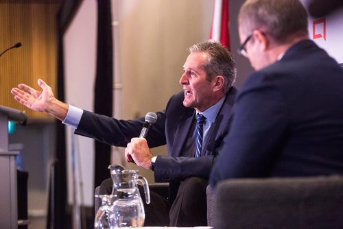 MIKAELA MACKENZIE/WINNIPEG FREE PRESS
Premier Brian Pallister has a discussion with Manitoba Chambers of Commerce President and CEO Chuck Davidson at a Chamber of Commerce event at the RBC Convention Centre in Winnipeg on Thursday, April 18, 2019. 
Winnipeg Free Press 2019