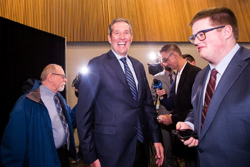 MIKAELA MACKENZIE/WINNIPEG FREE PRESS
Premier Brian Pallister laughs after speaking to the media at a Chamber of Commerce event at the RBC Convention Centre in Winnipeg on Thursday, April 18, 2019. 
Winnipeg Free Press 2019