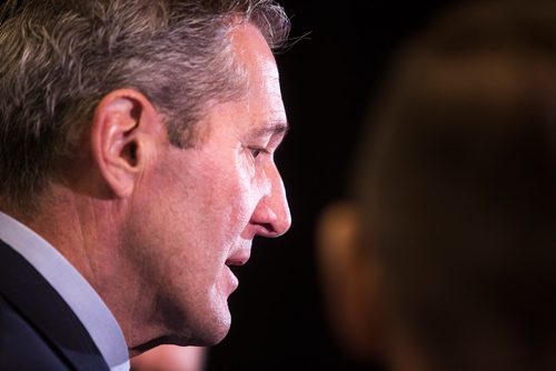 MIKAELA MACKENZIE/WINNIPEG FREE PRESS
Premier Brian Pallister speaks with the media at a Chamber of Commerce event at the RBC Convention Centre in Winnipeg on Thursday, April 18, 2019. 
Winnipeg Free Press 2019