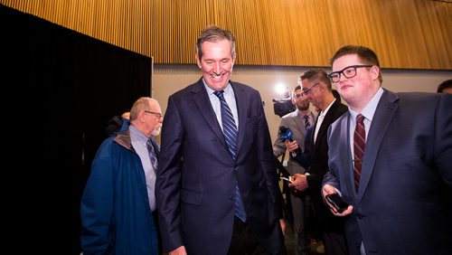 MIKAELA MACKENZIE/WINNIPEG FREE PRESS
Premier Brian Pallister laughs after speaking to the media at a Chamber of Commerce event at the RBC Convention Centre in Winnipeg on Thursday, April 18, 2019. 
Winnipeg Free Press 2019