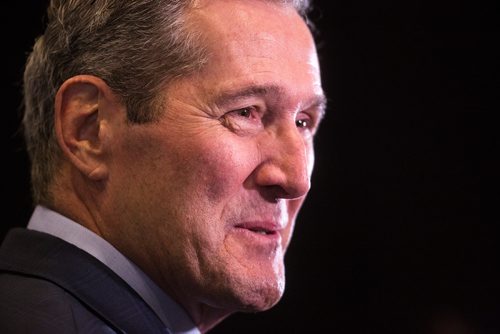 MIKAELA MACKENZIE/WINNIPEG FREE PRESS
Premier Brian Pallister speaks with the media at a Chamber of Commerce event at the RBC Convention Centre in Winnipeg on Thursday, April 18, 2019. 
Winnipeg Free Press 2019