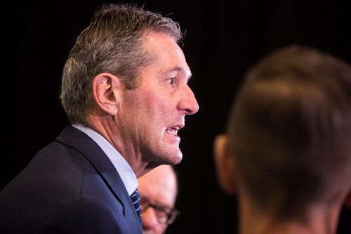 MIKAELA MACKENZIE/WINNIPEG FREE PRESS
Premier Brian Pallister speaks with the media at a Chamber of Commerce event at the RBC Convention Centre in Winnipeg on Thursday, April 18, 2019. 
Winnipeg Free Press 2019