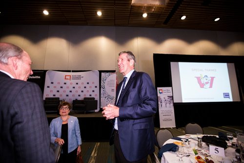 MIKAELA MACKENZIE/WINNIPEG FREE PRESS
Premier Brian Pallister talks with Colin Ferguson, president and CEO of Travel Manitoba (left), and Brigette Sandron, senior vice president of Travel Manitoba at a Chamber of Commerce event at the RBC Convention Centre in Winnipeg on Thursday, April 18, 2019. 
Winnipeg Free Press 2019