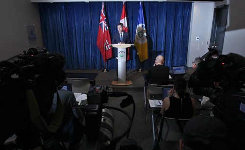 MIKE DEAL / WINNIPEG FREE PRESS
Winnipeg Mayor Brian Bowman responds to comments made by the Premier today during a press conference at City Hall Thursday afternoon. 
190418 - Thursday, April 18, 2019