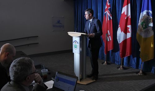 MIKE DEAL / WINNIPEG FREE PRESS
Winnipeg Mayor Brian Bowman responds to comments made by the Premier today during a press conference at City Hall Thursday afternoon. 
190418 - Thursday, April 18, 2019