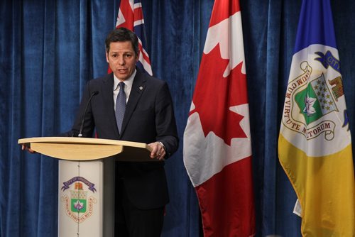 MIKE DEAL / WINNIPEG FREE PRESS
Winnipeg Mayor Brian Bowman responds to comments made by the Premier today during a press conference at City Hall Thursday afternoon. 
190418 - Thursday, April 18, 2019