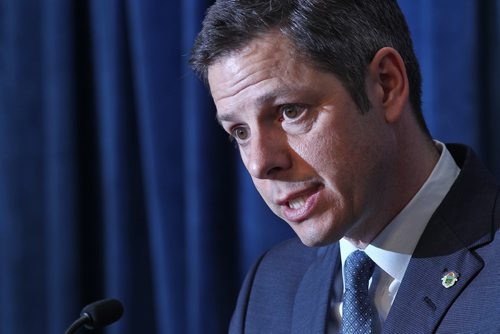 MIKE DEAL / WINNIPEG FREE PRESS
Winnipeg Mayor Brian Bowman responds to comments made by the Premier today during a press conference at City Hall Thursday afternoon. 
190418 - Thursday, April 18, 2019