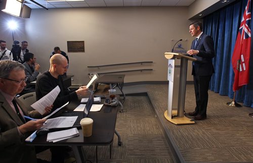 MIKE DEAL / WINNIPEG FREE PRESS
Winnipeg Mayor Brian Bowman responds to comments made by the Premier today during a press conference at City Hall Thursday afternoon. 
190418 - Thursday, April 18, 2019