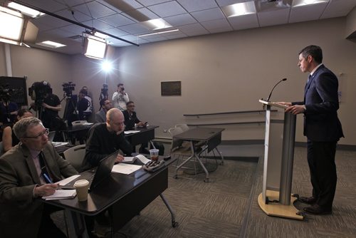 MIKE DEAL / WINNIPEG FREE PRESS
Winnipeg Mayor Brian Bowman responds to comments made by the Premier today during a press conference at City Hall Thursday afternoon. 
190418 - Thursday, April 18, 2019