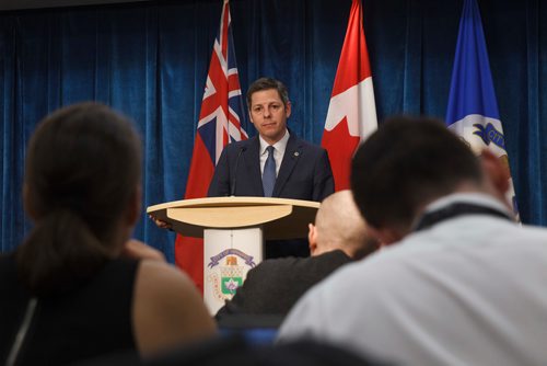 MIKE DEAL / WINNIPEG FREE PRESS
Winnipeg Mayor Brian Bowman responds to comments made by the Premier today during a press conference at City Hall Thursday afternoon.
190418 - Thursday, April 18, 2019.