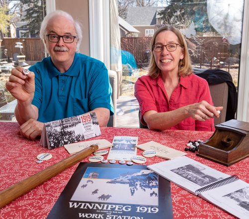 SASHA SEFTER / WINNIPEG FREE PRESS
Historians Nolan (left) and Sharon Reilly discuss the history surrounding The Winnipeg General Strike of 1919 in their St. Vital home.   
190418 - Thursday, April 18, 2019.