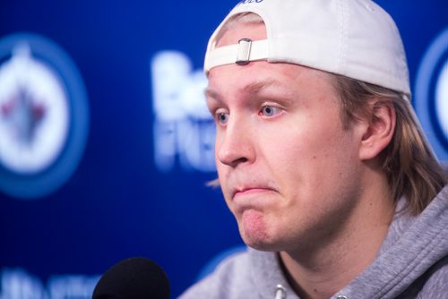 MIKAELA MACKENZIE/WINNIPEG FREE PRESS
Patrik Laine speaks to the media at the end of the Jets' season at the Bell MTS Centre on Monday, April 22, 2019. 
Winnipeg Free Press 2019