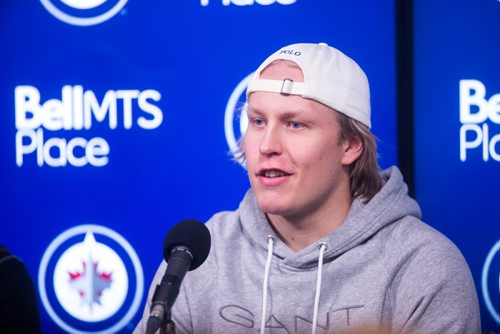 MIKAELA MACKENZIE/WINNIPEG FREE PRESS
Patrik Laine speaks to the media at the end of the Jets' season at the Bell MTS Centre on Monday, April 22, 2019. 
Winnipeg Free Press 2019