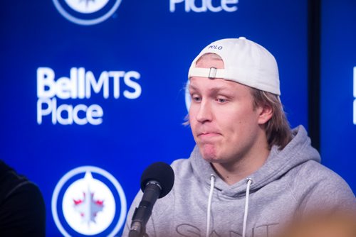 MIKAELA MACKENZIE/WINNIPEG FREE PRESS
Patrik Laine speaks to the media at the end of the Jets' season at the Bell MTS Centre on Monday, April 22, 2019. 
Winnipeg Free Press 2019