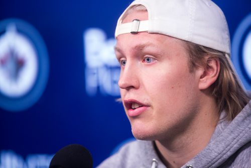 MIKAELA MACKENZIE/WINNIPEG FREE PRESS
Patrik Laine speaks to the media at the end of the Jets' season at the Bell MTS Centre on Monday, April 22, 2019. 
Winnipeg Free Press 2019