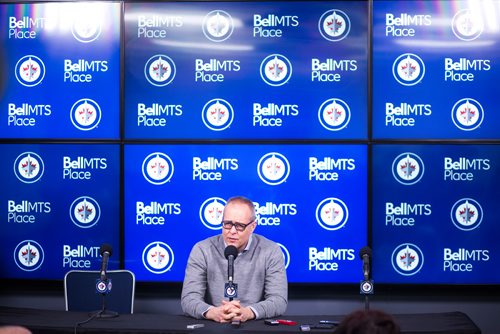 MIKAELA MACKENZIE/WINNIPEG FREE PRESS
Head coach Paul Maurice speaks to the media at the end of the Jets' season at the Bell MTS Centre on Monday, April 22, 2019. 
Winnipeg Free Press 2019