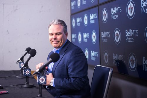 MIKAELA MACKENZIE/WINNIPEG FREE PRESS
General manager Kevin Cheveldayoff speaks to the media at the end of the Jets' season at the Bell MTS Centre on Monday, April 22, 2019. 
Winnipeg Free Press 2019