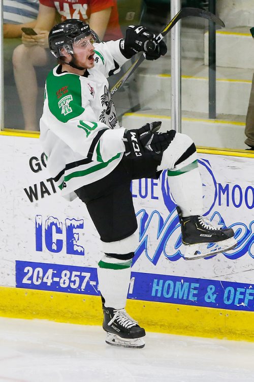 JOHN WOODS / WINNIPEG FREE PRESS
Portage Terriers' Chase Brakel (10) celebrates his goal against the Swan Valley Stampeders during the second period of game seven MJHL Turnbull Cup action in Portage La Prairie on Monday, April 22, 2018.

Reporter: