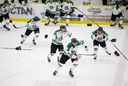 JOHN WOODS / WINNIPEG FREE PRESS
Portage Terriers' Swan Valley Stampeders' during overtime period of game seven MJHL Turnbull Cup action in Portage La Prairie on Monday, April 22, 2018.

Reporter: