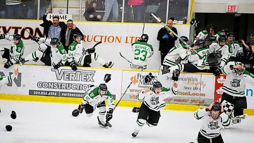 JOHN WOODS / WINNIPEG FREE PRESS
Portage Terriers celebrate defeating in overtime the Swan Valley Stampeders to win game seven and the MJHL Turnbull Cup in Portage La Prairie on Monday, April 22, 2018.

Reporter: