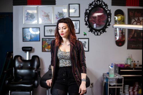 MIKAELA MACKENZIE/WINNIPEG FREE PRESS
Tattoo artist Tesia Rhind poses for a portrait at her tattoo parlour, Red Ronin, in Winnipeg on Tuesday, April 23, 2019. 
Winnipeg Free Press 2019