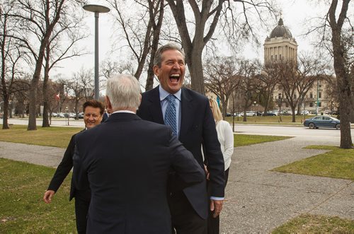 MIKE DEAL / WINNIPEG FREE PRESS
Premier Brian Pallister laughs while talking to Stuart Murray, chair, Manitoba150 Host Committee prior to an announcement regarding Manitoba150 infrastructure spending.
190423 - Tuesday, April 23, 2019.