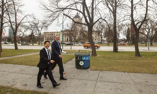 MIKE DEAL / WINNIPEG FREE PRESS
Premier Brian Pallister, Infrastructure Minister Ron Schuler and Sustainable Development Minister Rochelle Squires leave the Manitoba Legislative building to walk over to Memorial Park for an announcement regarding Manitoba150 infrastructure spending.
190423 - Tuesday, April 23, 2019.