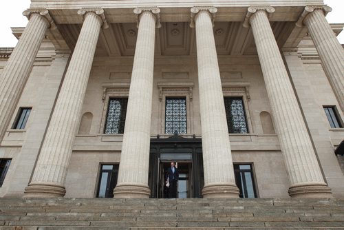 MIKE DEAL / WINNIPEG FREE PRESS
Premier Brian Pallister leaves the Manitoba Legislative building to walk over to Memorial Park for an announcement regarding Manitoba150 infrastructure spending.
190423 - Tuesday, April 23, 2019.