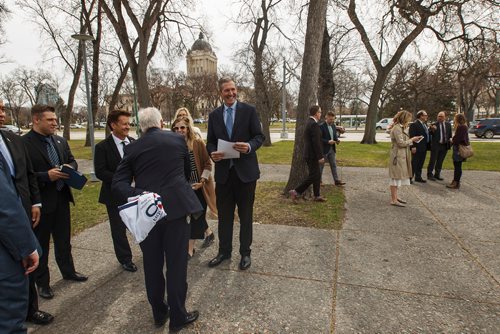 MIKE DEAL / WINNIPEG FREE PRESS
Premier Brian Pallister during an announcement regarding Manitoba150 infrastructure spending that was held in Memorial Park Tuesday afternoon.
190423 - Tuesday, April 23, 2019.