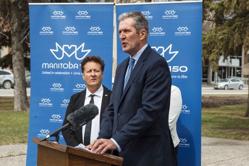 MIKE DEAL / WINNIPEG FREE PRESS
Premier Brian Pallister during an announcement regarding Manitoba150 infrastructure spending that was held in Memorial Park Tuesday afternoon.
190423 - Tuesday, April 23, 2019.