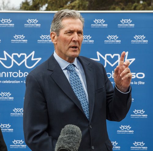 MIKE DEAL / WINNIPEG FREE PRESS
Premier Brian Pallister during an announcement regarding Manitoba150 infrastructure spending that was held in Memorial Park Tuesday afternoon.
190423 - Tuesday, April 23, 2019.