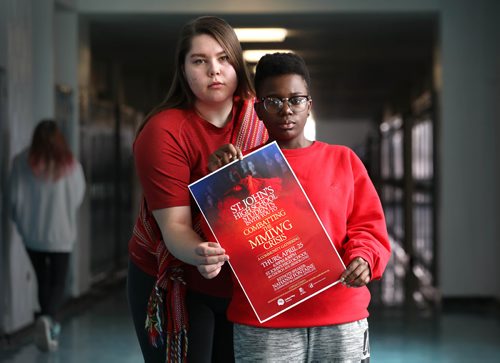 RUTH BONNEVILLE / WINNIPEG FREE PRESS 

 LOCAL  - MMIW event

Combatting the MMIWG Crisis Thursday, April 25.

St John's High School students, Shay-Ann Scott-Jolicoeur (tall) and Lukighe Kissu, both in grade 12, are spearheading  MMIWG  event called  Combatting the MMIWG Crisis, at their high school Thursday evening.  Portrait taken at St. John's in school hallway on Tuesday.

 
Alexandra Paul | Reporter


April 23, 2019