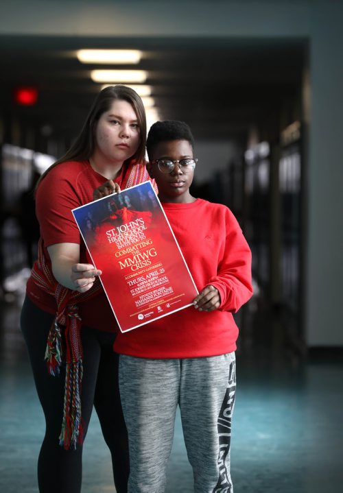 RUTH BONNEVILLE / WINNIPEG FREE PRESS 

 LOCAL  - MMIW event

Combatting the MMIWG Crisis Thursday, April 25.

St John's High School students, Shay-Ann Scott-Jolicoeur (tall) and Lukighe Kissu, both in grade 12, are spearheading  MMIWG  event called  Combatting the MMIWG Crisis, at their high school Thursday evening.  Portrait taken at St. John's in school hallway on Tuesday.

 
Alexandra Paul | Reporter


April 23, 2019