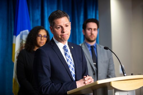 MIKAELA MACKENZIE/WINNIPEG FREE PRESS
Mayor Bowman and community leaders speak to the media, recommending that the Social Planning Council of Winnipeg and the Canadian Muslims Womens Institute remove Linda Sarsour as a panelist at an event, at City Hall in Winnipeg on Tuesday, April 23, 2019. 
Behind Bowman are (l-r) Laurelle Harris, co-chair public affairs, Jewish Federation of Winnipeg, Ran Ukashi, national director, League For Human Rights of Bnai Brith Canada

For Aldo Santin story.
Winnipeg Free Press 2019