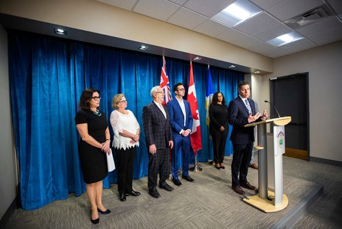 MIKAELA MACKENZIE/WINNIPEG FREE PRESS
Mayor Bowman and community leaders speak to the media, recommending that the Social Planning Council of Winnipeg and the Canadian Muslims Womens Institute remove Linda Sarsour as a panelist at an event, at City Hall in Winnipeg on Tuesday, April 23, 2019. 
Behind Bowman are (l-r) Laurel Malkin, President Jewish Federation of Winnipeg, Elaine Goldstine, CEO Jewish Federation of Winnipeg, Joel Lazer, VP Jewish Federation of Winnipeg, Adam Levy, PR and communications director Jewish Federation of Winnipeg, Laurelle Harris, co-chair public affairs, Jewish Federation of Winnipeg

For Aldo Santin story.
Winnipeg Free Press 2019