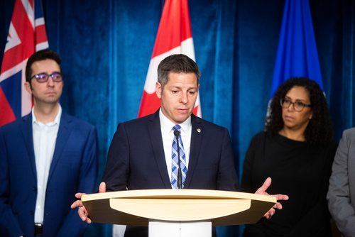 MIKAELA MACKENZIE/WINNIPEG FREE PRESS
Mayor Bowman and community leaders speak to the media, recommending that the Social Planning Council of Winnipeg and the Canadian Muslims Womens Institute remove Linda Sarsour as a panelist at an event, at City Hall in Winnipeg on Tuesday, April 23, 2019. 
Behind Bowman are (l-r) Adam Levy, PR and communications director Jewish Federation of Winnipeg, Laurelle Harris, co-chair public affairs, Jewish Federation of Winnipeg

- for Aldo Santin story.
Winnipeg Free Press 2019