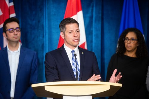 MIKAELA MACKENZIE/WINNIPEG FREE PRESS
Mayor Bowman and community leaders speak to the media, recommending that the Social Planning Council of Winnipeg and the Canadian Muslims Womens Institute remove Linda Sarsour as a panelist at an event, at City Hall in Winnipeg on Tuesday, April 23, 2019. 
Behind Bowman are (l-r) Adam Levy, PR and communications director Jewish Federation of Winnipeg, Laurelle Harris, co-chair public affairs, Jewish Federation of Winnipeg

- for Aldo Santin story.
Winnipeg Free Press 2019