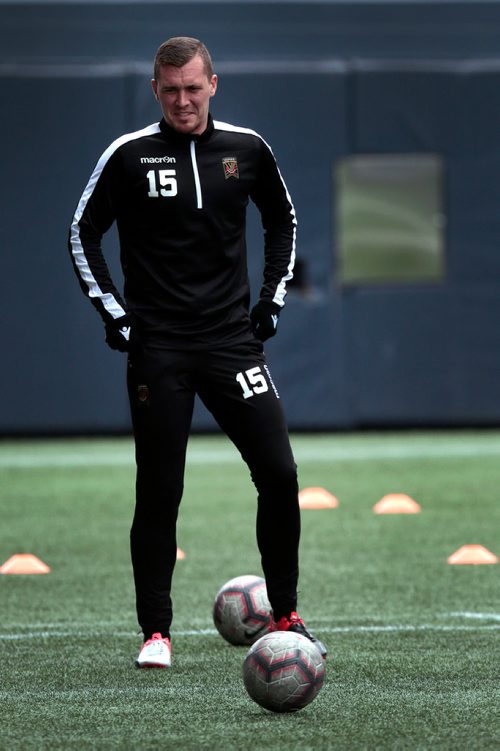 PHIL HOSSACK / WINNIPEG FREE PRESS - Valour FC defender #15 Adam Mitter on the field with the team workout Tuesday afternoon. Taylor Allen story. -  April 23, 2019.