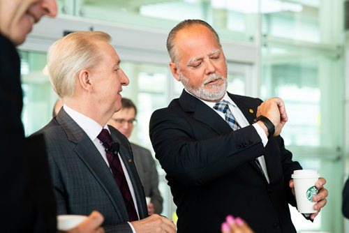 MIKAELA MACKENZIE/WINNIPEG FREE PRESS
Barry Rempel, president and CEO (left) and Tom Payne Jr., chairman of the board, check the time before starting the Winnipeg Airports Authority annual meeting at the Winnipeg James Armstrong Richardson International Airport in Winnipeg on Wednesday, April 24, 2019. For Martin Cash story.
Winnipeg Free Press 2019