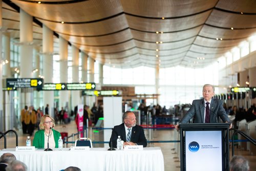 MIKAELA MACKENZIE/WINNIPEG FREE PRESS
Barry Rempel, president and CEO, speaks while Catherine Kloepfer, senior vice-president of corporate services & chief financial officer (left), and Tom Payne Jr., chairman of the board, listen at the Winnipeg Airports Authority annual meeting at the Winnipeg James Armstrong Richardson International Airport in Winnipeg on Wednesday, April 24, 2019. For Martin Cash story.
Winnipeg Free Press 2019