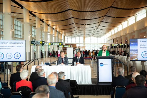 MIKAELA MACKENZIE/WINNIPEG FREE PRESS
Catherine Kloepfer, senior vice-president of corporate services & chief financial officer, speaks while Barry Rempel, president and CEO (left), and Tom Payne Jr., chairman of the board, listen at the Winnipeg Airports Authority annual meeting at the Winnipeg James Armstrong Richardson International Airport in Winnipeg on Wednesday, April 24, 2019. For Martin Cash story.
Winnipeg Free Press 2019