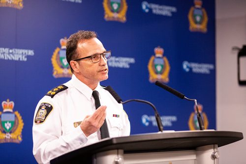 MIKAELA MACKENZIE/WINNIPEG FREE PRESS
Police Chief Danny Smyth addresses the media at the police headquarters in regards to charges laid in the hate crime incident in the 1800 block of Corydon Ave. in Winnipeg on Wednesday, April 24, 2019. For Ryan Thorpe story.
Winnipeg Free Press 2019