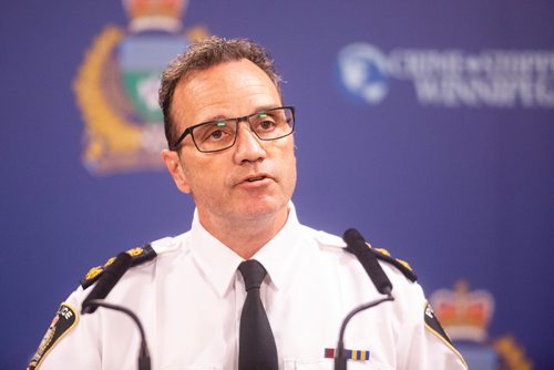 MIKAELA MACKENZIE/WINNIPEG FREE PRESS
Police Chief Danny Smyth addresses the media at the police headquarters in regards to charges laid in the hate crime incident in the 1800 block of Corydon Ave. in Winnipeg on Wednesday, April 24, 2019. For Ryan Thorpe story.
Winnipeg Free Press 2019