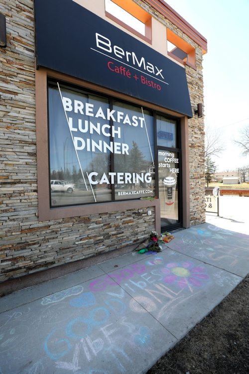 RUTH BONNEVILLE / WINNIPEG FREE PRESS 

LOCAL - Outside shots of BerMax Caffé + Bistro located at 1800 Corydon Ave. 

See story on antisemitic graffiti.
Positive chalk drawings, words and flowers  in response to the vandalism were on the sidewalk in front of the cafe.  

April 24, 2019
