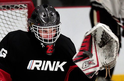 PHIL HOSSACK / WINNIPEG FREE PRESS - Rink Hockey Academy goalie Ethan Buenaventura at an Academy workout Thursday. See Mike Sawatzky story. - April 25, 2019.