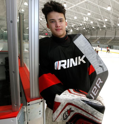 PHIL HOSSACK / WINNIPEG FREE PRESS - Rink Hockey Academy goalie Ethan Buenaventura at an Academy workout Thursday. See Mike Sawatzky story. - April 25, 2019.