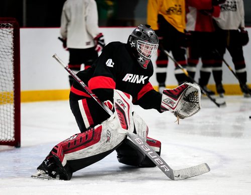 PHIL HOSSACK / WINNIPEG FREE PRESS - Rink Hockey Academy goalie Ethan Buenaventura at an Academy workout Thursday. See Mike Sawatzky story. - April 25, 2019.