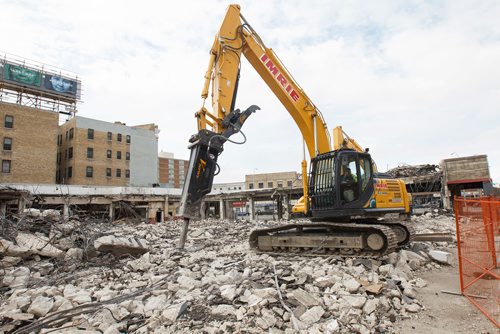 MIKE DEAL / WINNIPEG FREE PRESS
McNaught, the longtime auto dealership, shut down since 2012 and is currently being torn down. The building spent most of its 91 years as a car dealership.
190425 - Thursday, April 25, 2019.